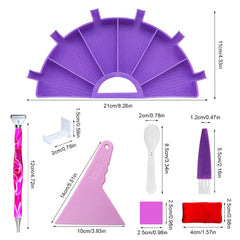 Purple diamond painting tool kit with multi-slot tray, wax, correction tool, spoon, brush, and labels, perfect for organizing drills while crafting at home or on the go.