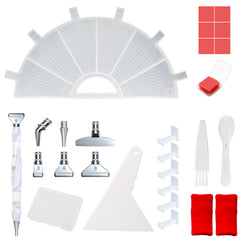 White diamond painting tool kit with 6-slot tray, wax blocks, correction tool, brush, spoon, stickers, and mini storage box, offering a neat, stress-free crafting experience.