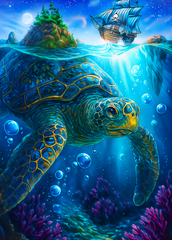 50x70cm diamond painting kit of a glowing sea turtle in cosmic ocean reef. Square resin drills, soft canvas—perfect for ocean lovers and spiritual DIY art.