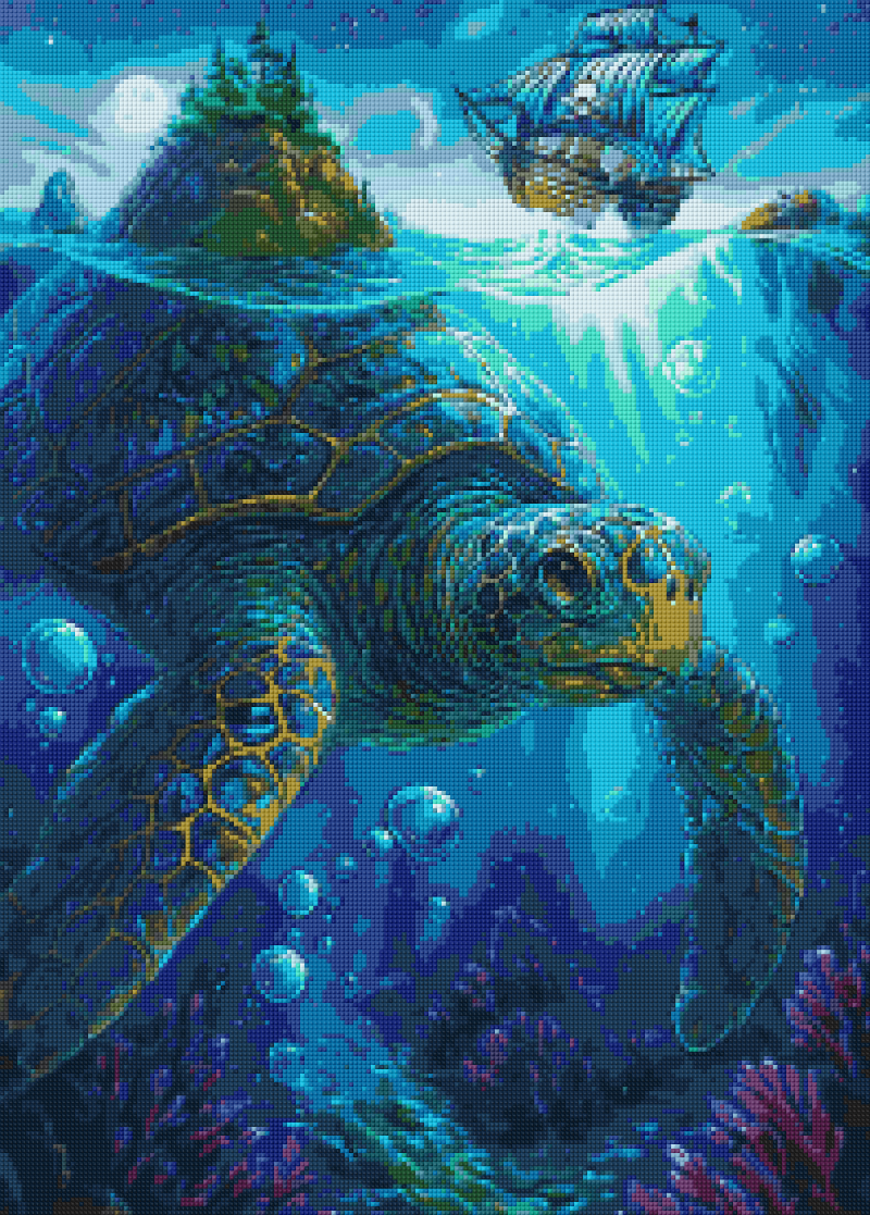 Preview of spiritual ocean diamond painting kit with turtle and coral. 50x70cm square resin drills, relaxing DIY wall decor.