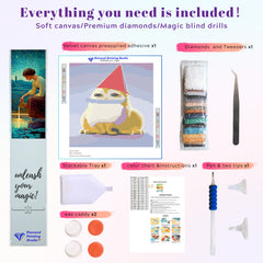 A full view of the Party Frog diamond painting kit contents, including the canvas, diamond gems, and all the tools needed to complete the project.