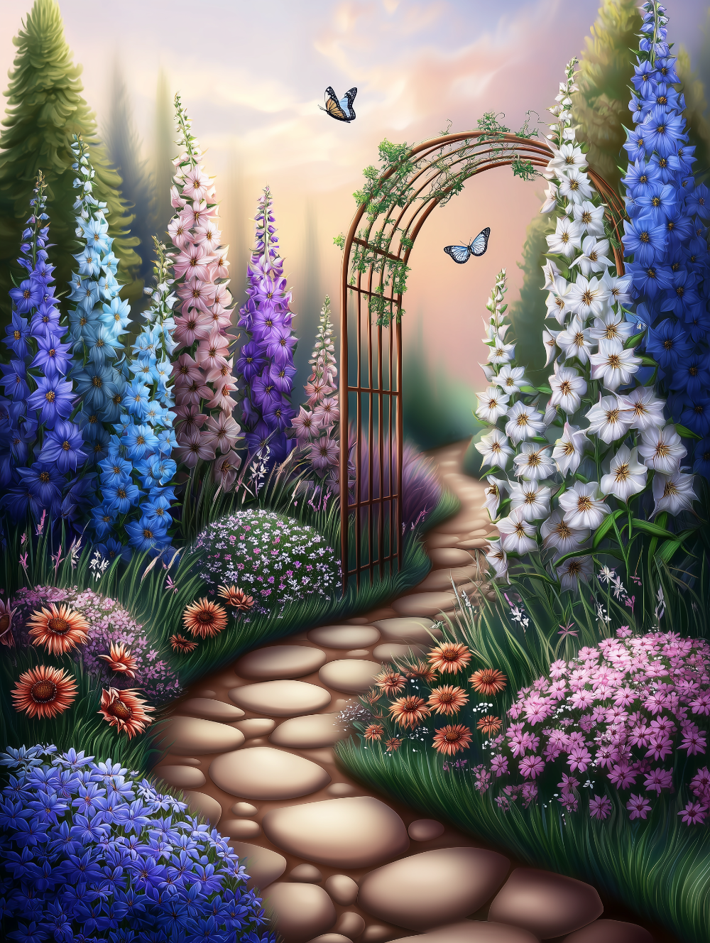 Fantasy garden illustration with arched ivy, colorful flowers, and a winding stone path, designed for square 50x60cm DIY diamond painting lovers.