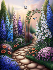 Fantasy garden illustration with arched ivy, colorful flowers, and a winding stone path, designed for square 50x60cm DIY diamond painting lovers.