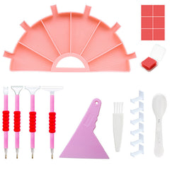 Pink diamond painting tray kit with 6-slot tray and covers, 4 pens with multi-tips, spoon, brush, wax blocks, and finger protectors.lightweight and portable for beginners or pros to sort and store drills easily.