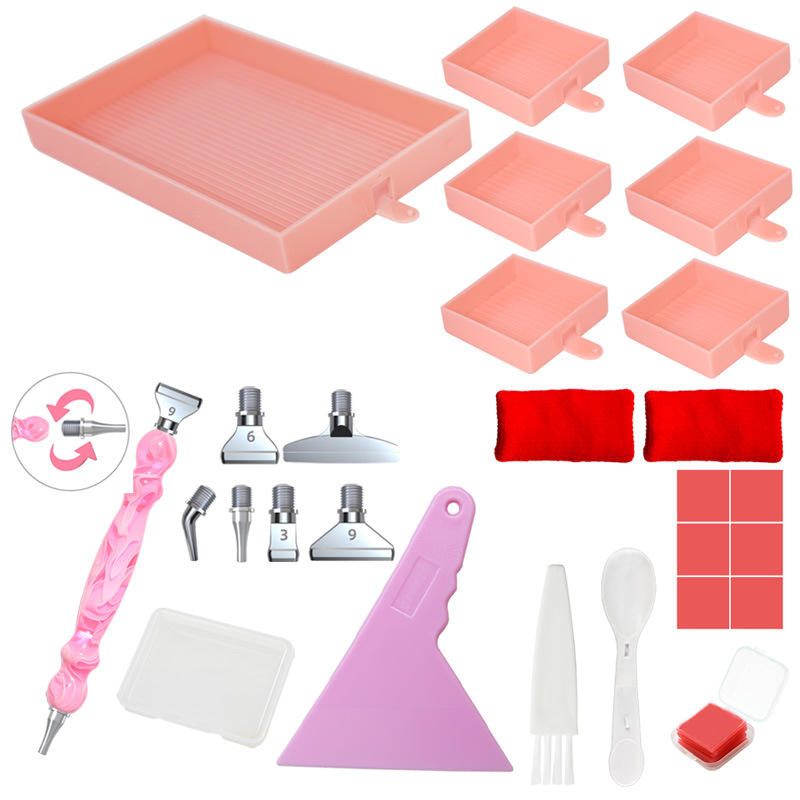Complete pink diamond painting tool kit with 7 trays, professional pen, interchangeable tips, wax, corrector, spoon, and brush – ideal for beginner to advanced crafters.