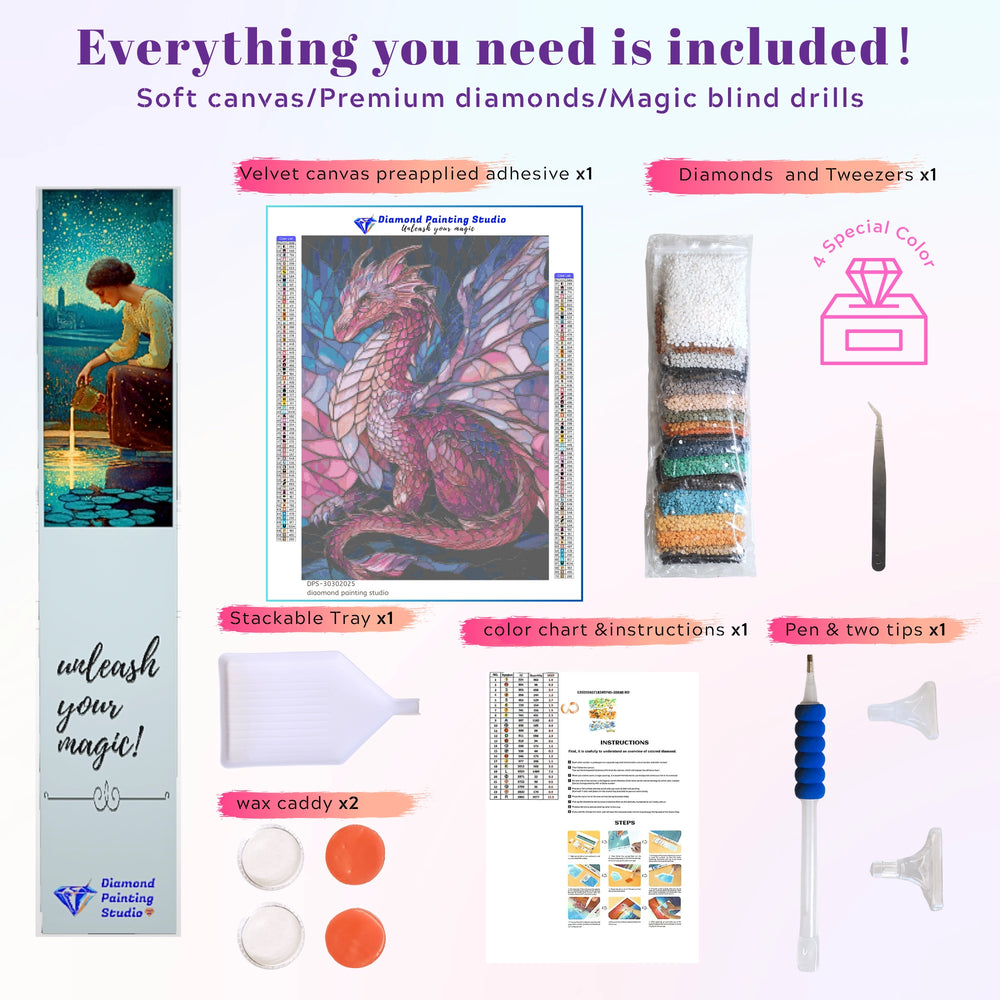DIY diamond art kit featuring a pink fantasy dragon, shown with full set of tools—perfect for beginners and fans of mythical creatures.
