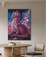 Fantasy dragon diamond painting kit of a pink mystical dragon, displayed on a dining room wall—ideal for fantasy lovers and bold home decor.50*70cm