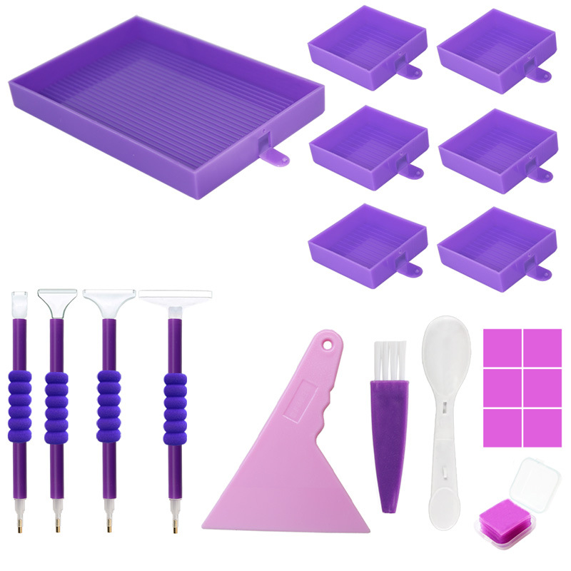 Purple diamond painting tool set with multi-tip pens and accessories – designed for long sessions with comfort and accuracy.