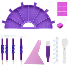 Purple tray diamond painting kit with tray, 4 pens, interchangeable multi-tips, wax blocks, spoon, brush, and covers. Designed for precision and comfort, this set lets you work longer without hand strain while keeping beads in order, great for detailed DIY projects.