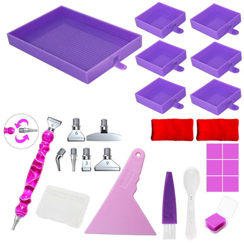 Purple diamond art tool set with complete accessories, including multi-tip pen and wax container – perfect for relaxing creative sessions.