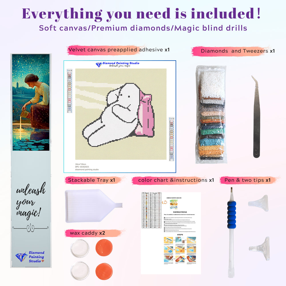 Complete tool kit for Relax Mode diamond painting, including drills, applicator pens, and gridded canvas—great for beginners.