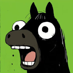 A surprised cartoon horse with bulging eyes and wide open mouth on a green background—an iconic image for humorous DIY diamond art.