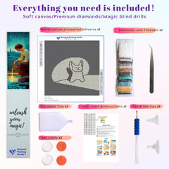 Preview of full diamond painting kit for the Shadow Cat design, including pen, tray, wax, and pre-printed canvas — beginner-friendly and perfect for crafting a funny DIY art gift.