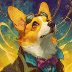 50x50cm diamond painting kit featuring a corgi with goggles and bow tie in a swirling galaxy. Square resin drills, soft canvas for cosmic pet fans.