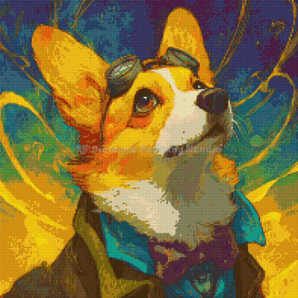 Preview of 50x50cm cosmic corgi diamond painting kit. Features galaxy backdrop, square resin drills, and soft canvas for whimsical DIY art.