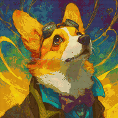 Preview of 50x50cm cosmic corgi diamond painting kit. Features galaxy backdrop, square resin drills, and soft canvas for whimsical DIY art.