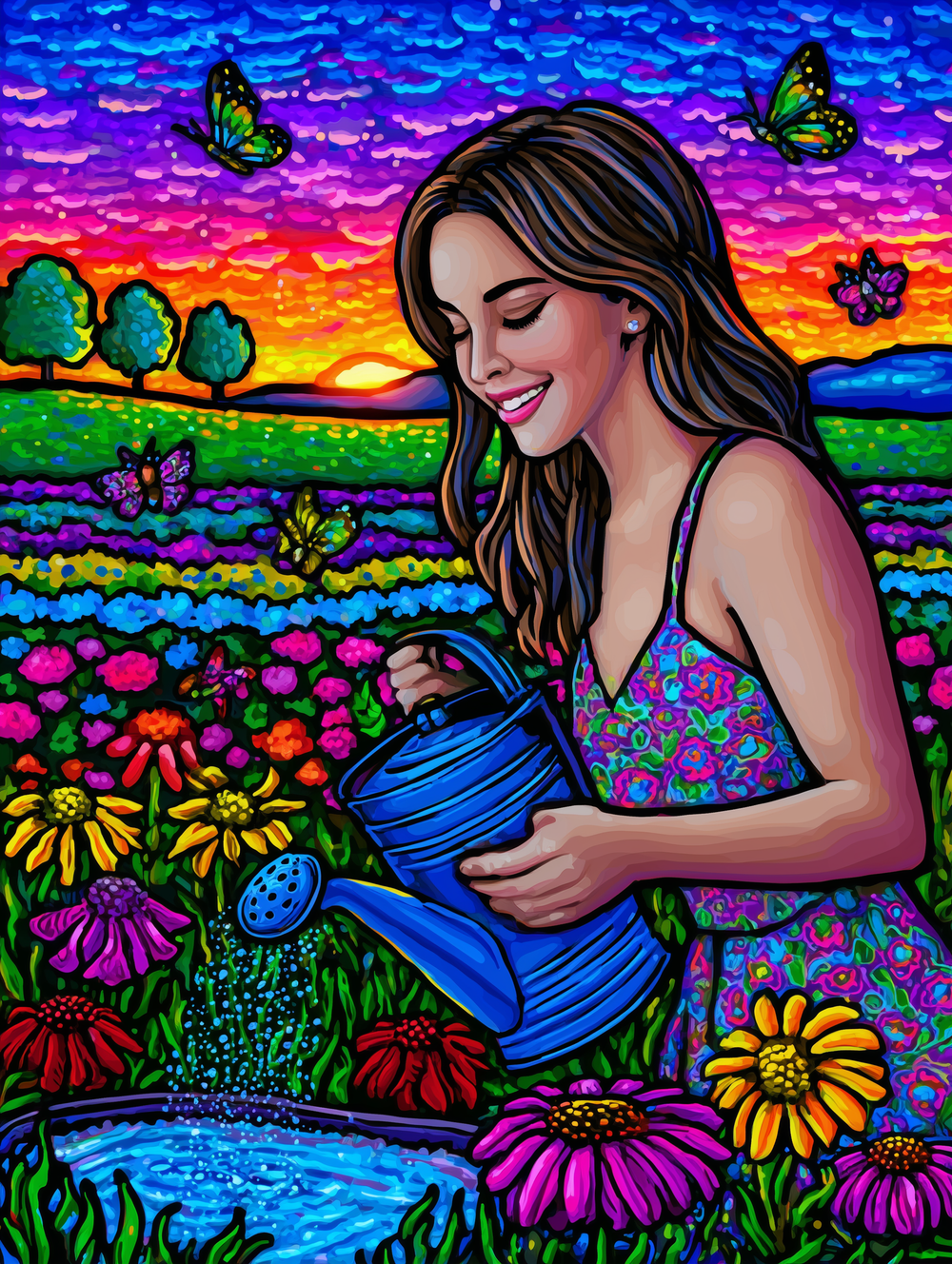 50x60cm diamond painting kit featuring a girl in a blue sun dress among vibrant flowers. Square drills on soft canvas—ideal for poetic floral décor.
