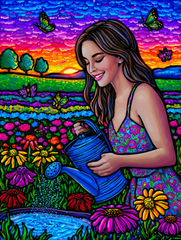 50x60cm diamond painting kit featuring a girl in a blue sun dress among vibrant flowers. Square drills on soft canvas—ideal for poetic floral décor.