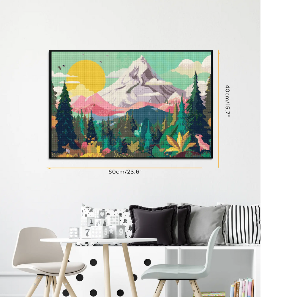 Sunrise Mountain Forest Flower diamond painting displayed as framed wall art in a modern interior, part of the Nature Series and Large Canvas Collection. This DIY kit captures a glowing sunrise shining over forest pines and colorful wildflowers, creating a fairytale-like natural landscape. With its premium resin drills and durable soft canvas, the finished artwork sparkles brilliantly, making it a striking centerpiece for living rooms, bedrooms, or offices. Suitable for beginners and experienced DIY enthusi