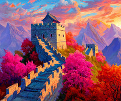 Diamond painting of the Great Wall at sunset, autumn hills glowing with red leaves, part of the Nature & Landmark series, perfect for history lovers, DIY art fans, and home wall décor.