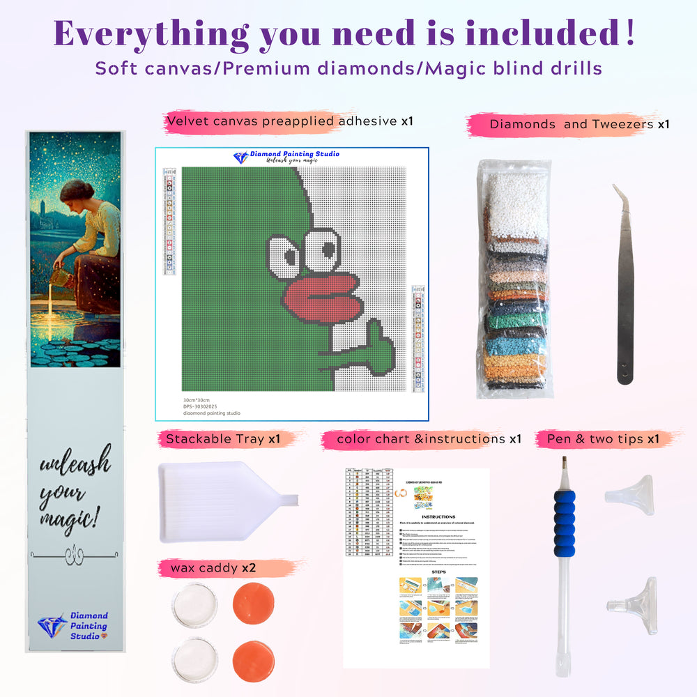 Tool set preview for the “Ugly Cute Thumbs-Up” diamond art kit — includes everything beginners need to start crafting a cheerful, funny masterpiece.