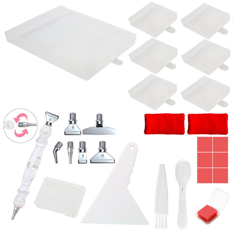 White DIY diamond art kit with storage trays, multi-head pen, finger protectors and more – suitable for both kids and adults.