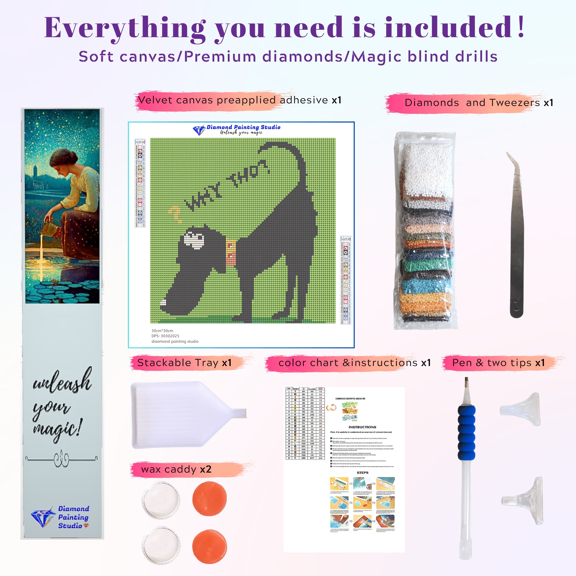 Tools and accessories for the funny dog diamond painting kit, including stylus pen, tray, and drills — perfect intro set for beginners or gift-givers.