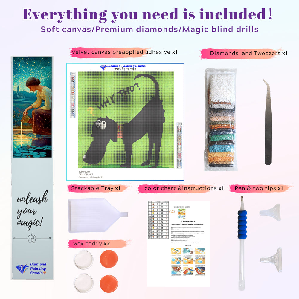 Tools and accessories for the funny dog diamond painting kit, including stylus pen, tray, and drills — perfect intro set for beginners or gift-givers.