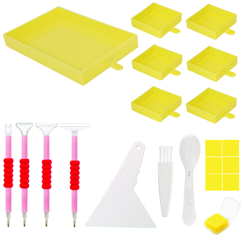 Yellow diamond painting tool set with vibrant trays and multi-tip pens – perfect for kids and adults who love colorful creativity.