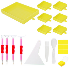 Yellow diamond painting tool set with vibrant trays and multi-tip pens – perfect for kids and adults who love colorful creativity.