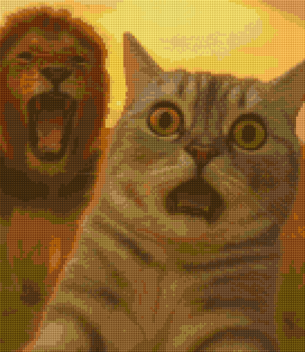 Preview of 40x50cm funny cat and lion selfie diamond painting kit. Great square diamond art for humor lovers and animal-themed room decor.