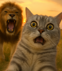 40x50cm diamond painting kit featuring a wide-eyed tabby cat taking a selfie with a roaring lion. Square resin drills and soft canvas for a hilarious DIY art project.