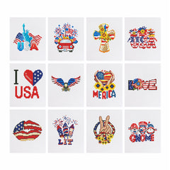 12 patriotic canvas patterns including flags, eagles, USA hearts, and gnomes from the All American Magic diamond painting kit
