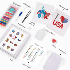Complete All American Magic diamond painting kit with 12 designs, soft canvas, resin drills and storage bag