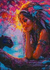 Preview of “Amazon Forest” diamond art kit featuring a jungle goddess with her panther. 50x70cm square canvas with vivid resin drills for DIY crafting.