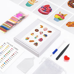 Flatlay of Magic from the Bakery diamond painting kit, including canvases, diamonds, and tools.ideal for birthday gift