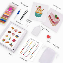 Complete diamond painting kit overview with dessert-themed canvases, color card, and accessories.