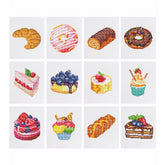 Flat lay of all 12 bakery-themed diamond painting mini canvases including donuts, cakes, rolls, croissant, and cupcakes on white background.