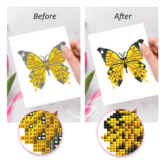 Before and after transformation of a yellow and black butterfly diamond painting – vibrant sparkle and stunning finish.it Features clear printed symbols and vibrant canvas