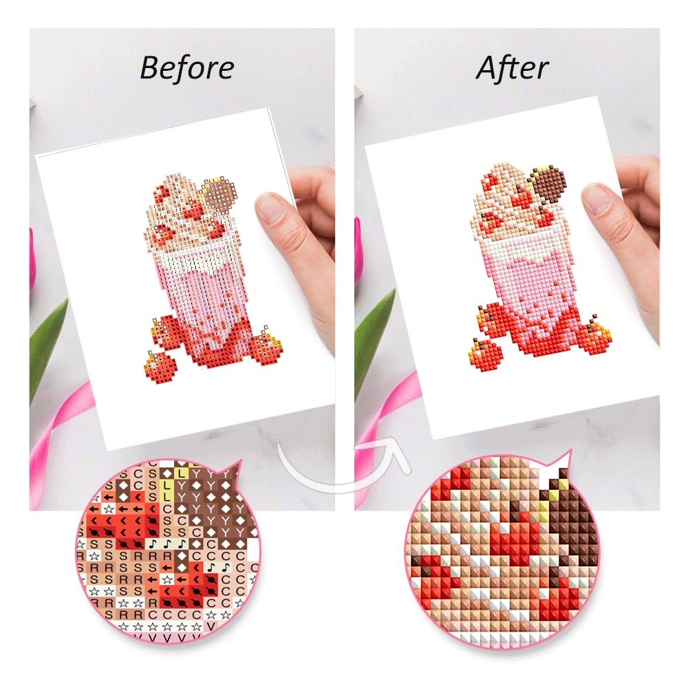 Side-by-side comparison of cocktail diamond painting before and after, showing detail enhancement with resin diamonds—great for beginners.