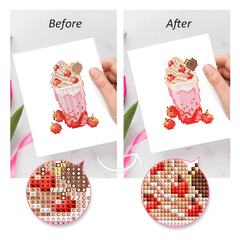 Side-by-side comparison of cocktail diamond painting before and after, showing detail enhancement with resin diamonds—great for beginners.