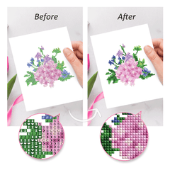 Before and after comparison of flower diamond painting – shows sparkling effect of finished art.100% resin, bright and clear colors, clear printing symbols