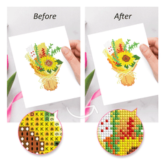 Before and after views of a birthday cake diamond painting—highlighting vibrant results from using premium resin drills.