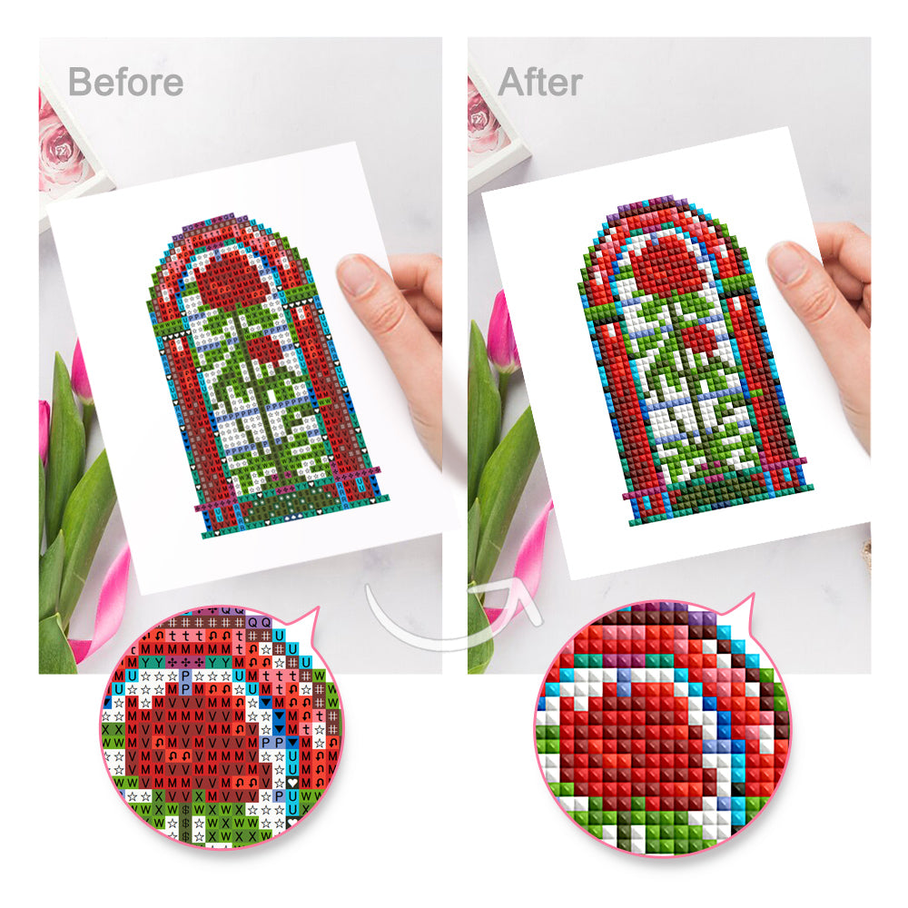 Before and after comparison of a red rose stained glass diamond painting kit with detailed drill area view – DIY canvas only project for beginners