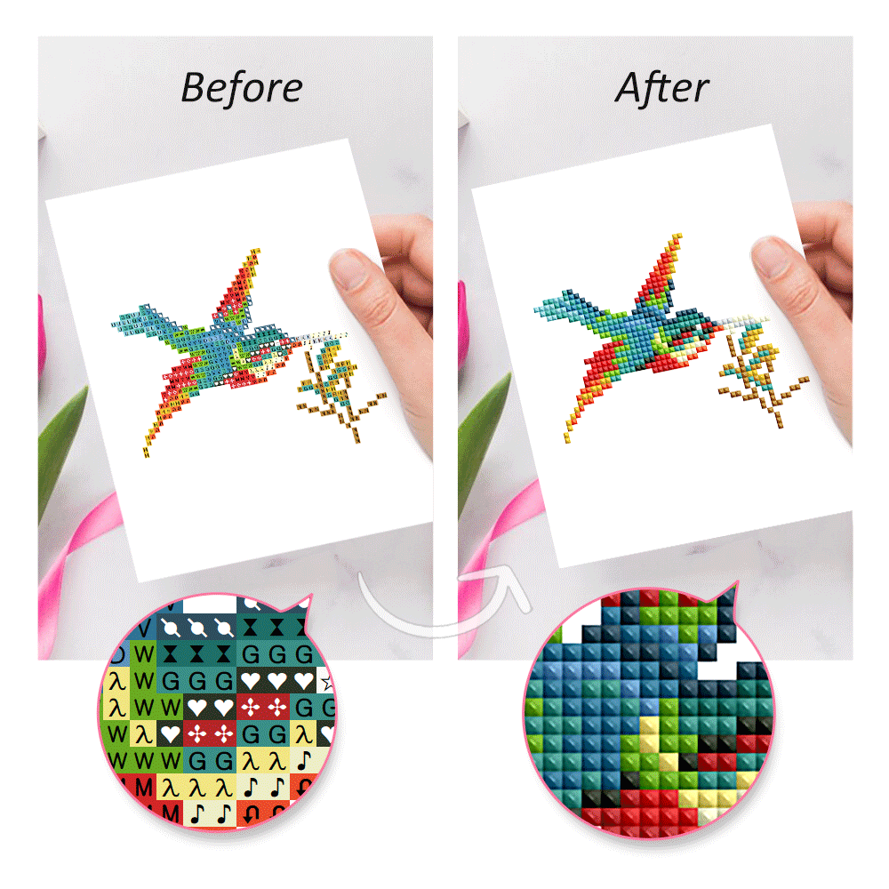 Before and after comparison of unfinished vs completed bird diamond painting.