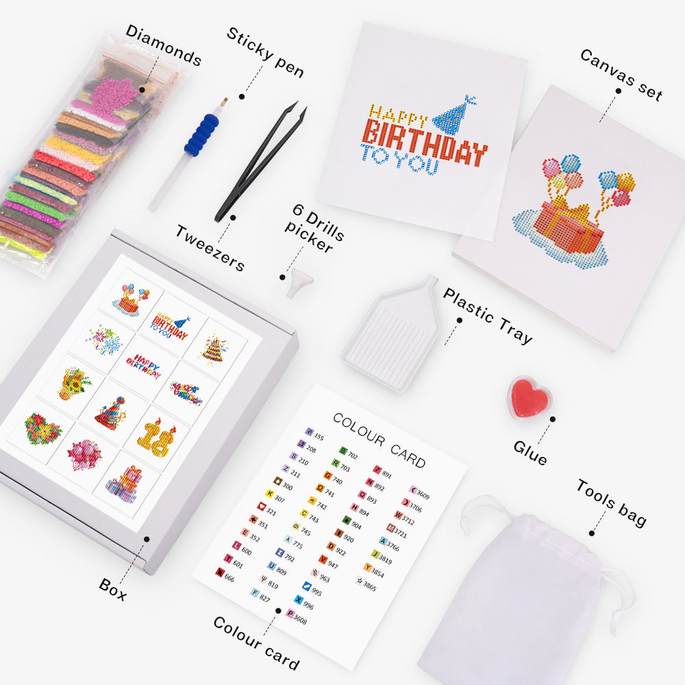 Flatlay of a birthday-themed diamond painting kit—includes resin diamonds, tray, pen, glue, and soft canvas.
