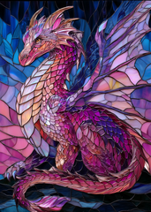 50x70cm diamond painting kit of a blazing purple dragon with glowing scales and stained-glass wings. Square resin drills on soft canvas—ideal for fantasy decor.