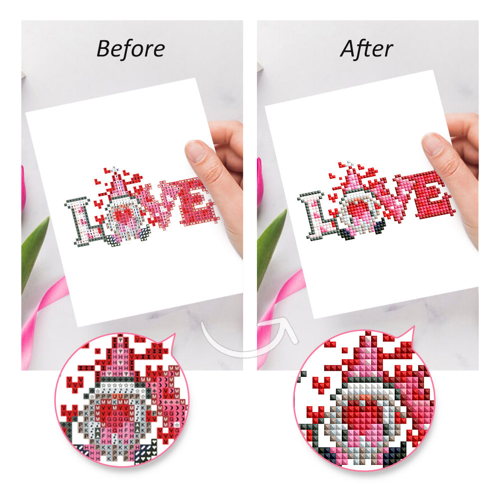 Before and after comparison of completed floral mini diamond paintings with vibrant resin diamonds – a great DIY art gift for loved ones.