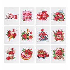 Overview of 12 romantic mini diamond painting canvases featuring red roses, hearts, cakes, and vintage cars – perfect for gifting or self-care art therapy.
