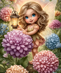 50x60cm diamond painting of a fairy holding a glowing lantern among pink and purple hydrangeas. Square resin drills and soft canvas for magical DIY decor.